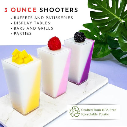 50 Pack Tiny 3oz Tall Pyramid Shooter | Disposable Mini Plastic Dessert Cups | Tiny Square Treat Containers | Clear Individual Dessert Cups | 3 oz Plastic Cups for Catering Events & Parties | CMJJ