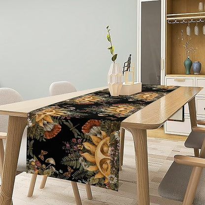 Sun Moon Table Runner, Bohomian Mushroom Daisy Table Gothic Dragonly Butterfly Table Center Decor Table Runner for Indoor Outdoor Party Kitchen Dinner Black, 13x90 Inch