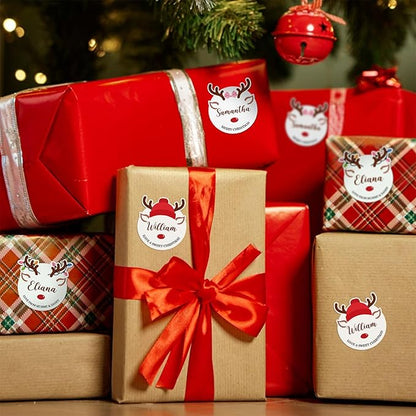 30pcs Personalized Christmas Stickers with Name, Custom Reindeer Waterproof Christmas Gift Tags for Gift Box Holiday Decorations, Stockings, Party Favors, 3"