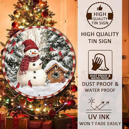 Round Christmas Metal Signs Vintage Snowman and Red Birds Tin Sign Metal Poster Christmas Snowman Sign for Bedroom Farmhouse Garage Wall Decor 8 * 8 in