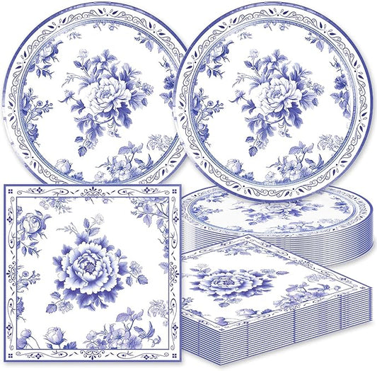 40pcs Blue and White Flower Party Decorations Disposable Blue Floral Plates and Napkins Flower Tableware Set for Bridal Shower Decoration Wedding Tea Party,Suitable for 20 Guests.