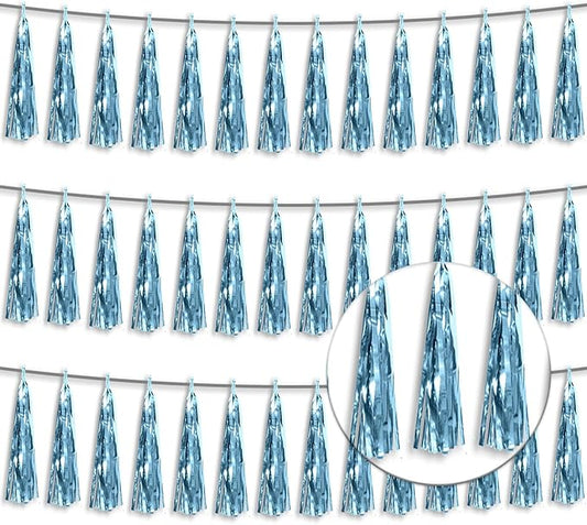 3P Metallic Fringe Tassel Banner Garland Foil Tinsel Streamer Wall Hanging Curtain Backdrop Banner for Parade Floats, Graduation Decorations, Wedding Party Decoration(Light Blue)