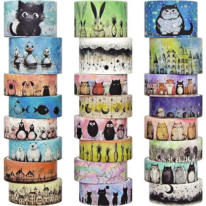 Cute Washi Tape Set - 24 Rolls Kawaii Animals Decorative Washi Tape for Scrapbooking Supplies, Bullet Journal Supplies, Junk Journal, Kids Art Craft Tape