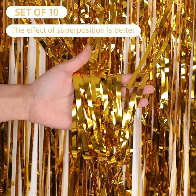 10 Pack Gold Backdrop Curtain 3.2ft x 8.2ft Metallic Tinsel Foil Fringe Curtains Photo Booth Background for Birthday Party Decoration Baby Shower Engagement Wedding Christmas Decoration (Gold)
