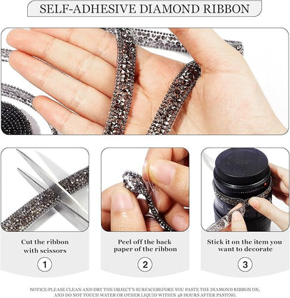 Rhinestone Ribbon 6 Yards Self Adhesive Rhinestone Strips Diamond Ribbon Sticker Crystal Roll Glitter Bling Rhinestones Tape for Crafting DIY Art Decoration (Jet Hematite,0.4 Inch)