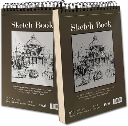 9" x 12" Sketch Book, Top Spiral Bound Sketch Pad, 2 Packs 100 Sheets Each (68lb/100gsm), Acid Free Art Sketchbook Artistic Drawing Painting Writing Paper for Kids Adults Beginners Artists