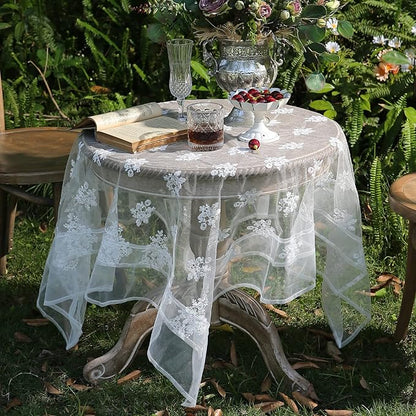 patdrea Designer White Lace Elegant Tablecloth for Rectangle Tables,Vintage Tulle French Romantic Knitted Embroidered Overlay Tablecloths Decor for Kitchen Wedding Banquet,59"*91"
