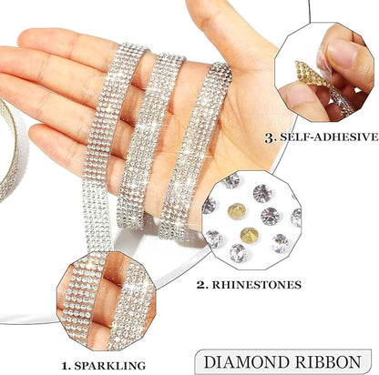 Rhinestone Ribbon 3 Yards Self Adhesive Rhinestone Strips Diamond Ribbon Sticker Crystal Roll Glitter Bling 2mm Rhinestones Tape for Crafting DIY Art Decoration (Silver,0.4 Inch)