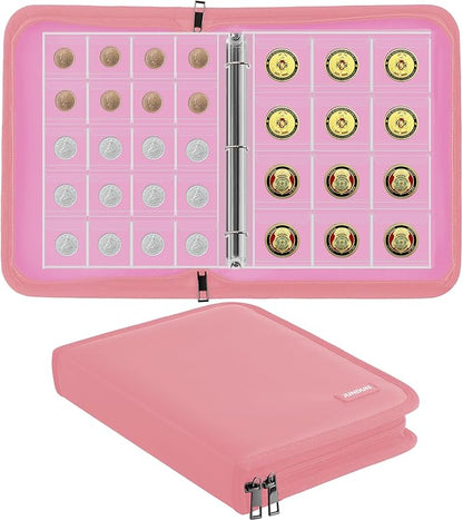 Coin Collection Book for Collector,260 Pockets Fireproof Coin Collection Holder Album,Coin Collection Organizer Storage Box Case Album for 20/25/ 27/30/ 38mm Coins,Pink