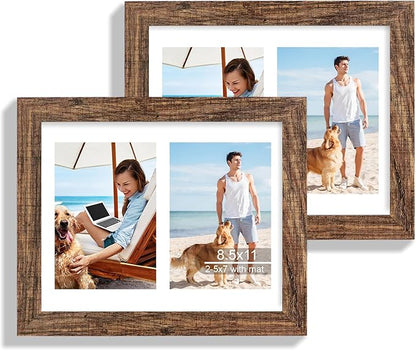 8.5x11 Picture Frame Set of 2, Rustic Brown Certificate Document Frames with Glass Collage Frame, Display Pictures Two 5x7 With Mat or 8.5 x 11 Without Mat for Wall Hanging or Tabletop