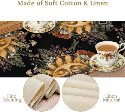 Sun Moon Table Runner, Bohomian Mushroom Daisy Table Gothic Dragonly Butterfly Table Center Decor Table Runner for Indoor Outdoor Party Kitchen Dinner Black, 13x36 Inch