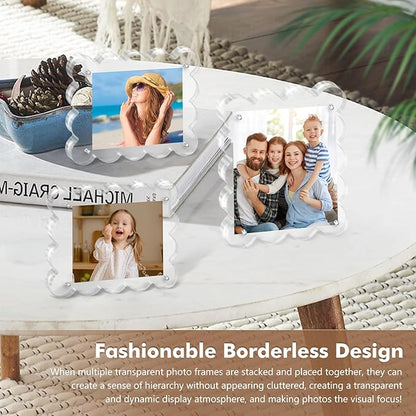 Acrylic Photo Frame 2×3inch - 3Pack Magnetic Picture Frames with 10+10mm Thick Block, Scalloped Edge Design, Double-Sided Magnet Frames for Modern Desktop Display (Clear, 2x3)