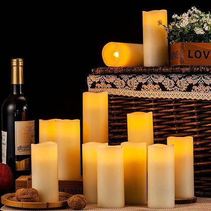Flameless Candles Flickering LED Candles Set of 12 (D:2.2" X H:5") Ivory Real Wax Pillar Battery Opeated Candles with 10-Key Remote and Cycling 24 Hours Timer