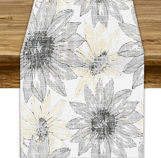 Chrysanthemum Vintage Floral Table Runner, Elegant Grunge Green Sunflower Spring Summer Elegant Pattern Artichokes Flower Table Runner for Party Kitchen Dining Living Room Decor, 13x70 Inch