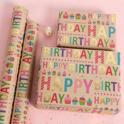Aimyoo Colorful Birthday Wrapping Paper Roll - 17 Inch X 32.8 Feet - Gold Foil Happy Birthday Lettering & Cupcake Design Gift Wrap for Kids, Baby Showers