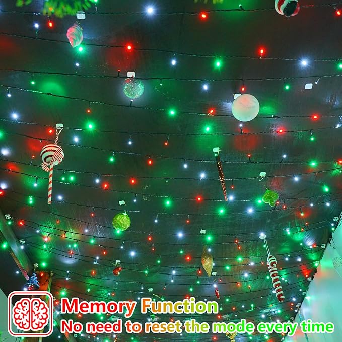 YEGUO 165ft 500 LED Christmas Lights Outdoor Waterproof, 8 Modes Red White and Green String Lights Plug in, Green Wire Twinkle Tree Lights Indoor with Timer Memory