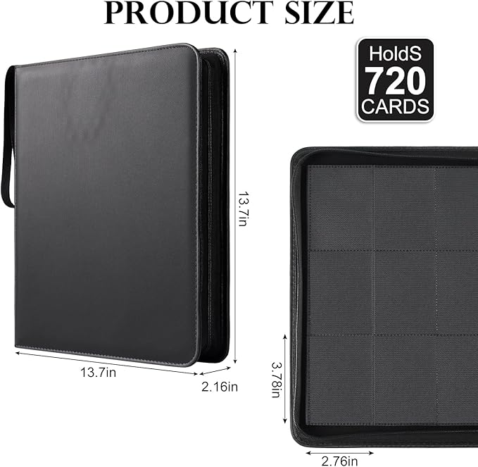 GEAoffice Trading Card Binder 12 Pocket Hold 720 Cards, Premium PU Cover Zipper Collection Binder, Ringless Sturdy Side Loading Card Album Folder for YuGiOh, MTG, TCG, Game & Sports, Non-PVC, Black