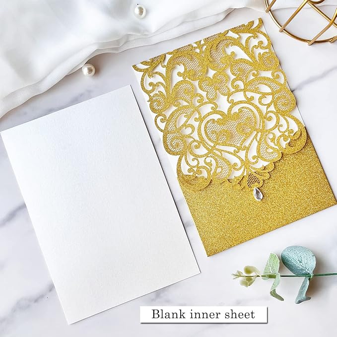 Hosmsua 50PCS Blank Wedding Invitation Cards 5 x 7.3 Inch Gold Laser Cut Hollow Heart Floral Invitation with Rhinestone pockets invitations for Engagement Quinceanera Invite (Gold Glitter)