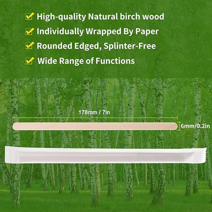 200pcs Individually Wrapped Coffee Stirrers Wood - 7" Coffee Stir Sticks, Round End Disposable coffee stirrer, For Coffee, Cocktail and Hot Drinks