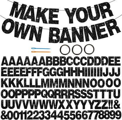 BEISHIDA 116 PCS A-Z Glitter Black DIY Letter Banner Kit Make Your Own Banner，Including 111 Letters and Numbers 3 Rope and 2 Threading Device,Customized for Birthday Graduation Wedding Halloween Party Decor