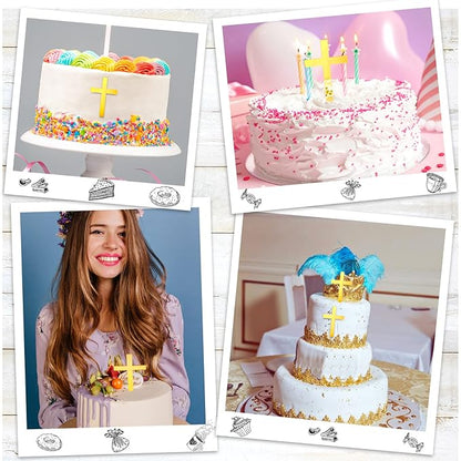 Blulu 16 Pieces Baptism Cake Toppers Crossing Cupcake Toppers Gold Mirror Acrylic Cake Picks Baptism Decor Christian Decorations(Classic Style)