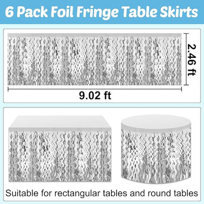 6 Pack 29x108 Inch Silver Wave Foil Fringe Table Skirts Metallic Banner for Tinsel Streamer Garland Backdrop for Parade Floats Wedding, Mother's Day, Birthday Mardi Gras Party Decorations