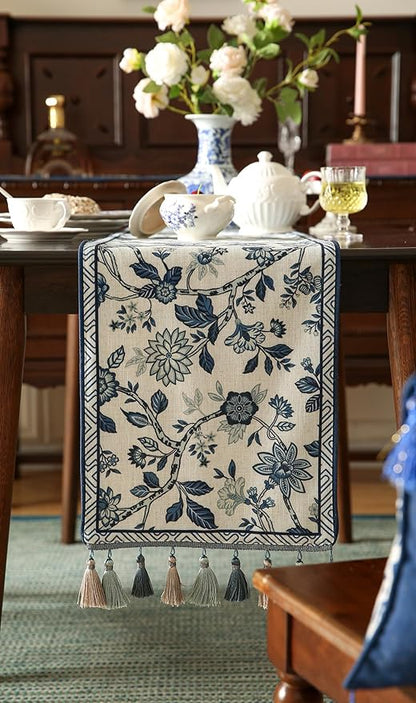 Decorative Small Linen Table Runner 63 Inches Long,Chinoiserie Blue Floral Cloth Runner for Coffee Table Decor Tabletop Table Runners for Kitchen,Dining,Party,Home,Christmas,12"*63"