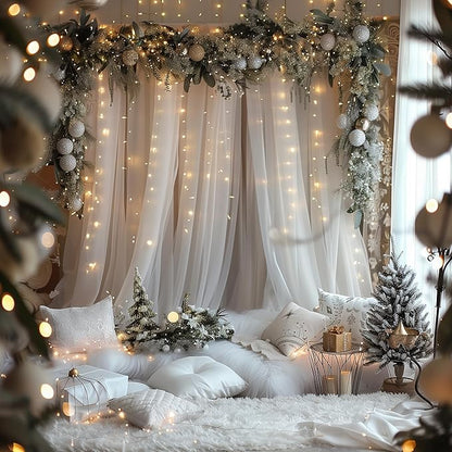 Fomcet Tulle Backdrop Curtains White 20FT X 10FT Tulle Curtains with Lights String Sheer Backdrop Curtain for Parties Wedding Baby Shower Photo Shoot Decorations (4 Panels 5 x 10FT)