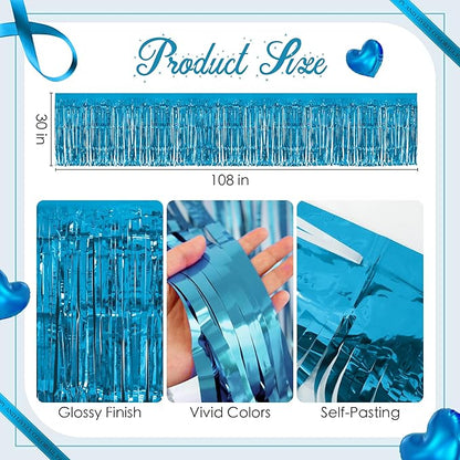 2 Pack Lake Blue Table Skirts, 29x108" Metallic Foil Tinsel Fringe Table Skirts for Rectangle Tables Streamer Curtains Backdrop, Party Decorations for Birthdays Weddings Holidays