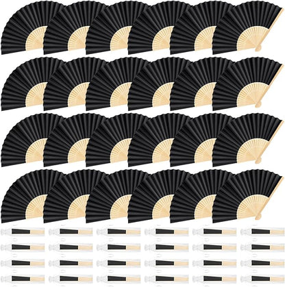 24 Pieces Black Hand Held Bamboo Folding Fans Paper Fans Handheld for Women Foldable Girls Wedding Decoration Church Home Party Favors Summer