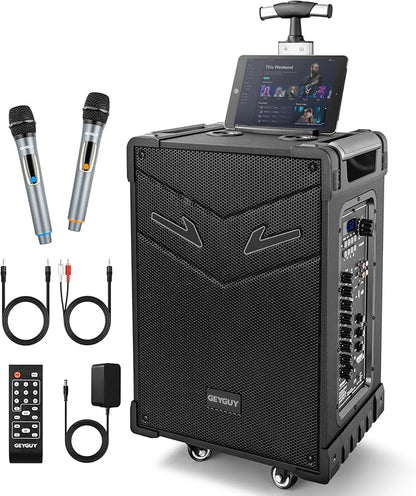 GTSK10-3 3-Way Portable Bluetooth PA Speaker with Wireless Microphones, 10" Subwoofer, Party Speaker with DJ Lights, USB/FM/TWS/Guitar Input, Rechargeable for Outdoor Events