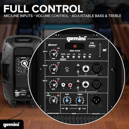 Gemini Sound AS-2115BT-LT Active 2000W Watt Party LED Light 15 Inch Woofer Powered Stage DJ Monitor Bluetooth PA Speaker, Wireless Stereo Pairing, Portable Fly Points