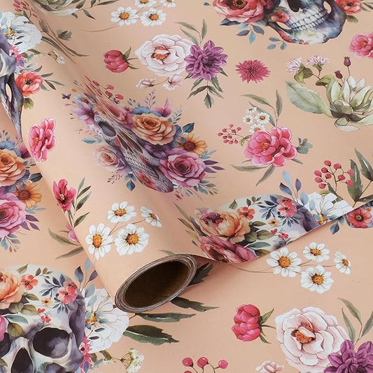 Aimyoo Gothic Wrapping Paper Roll, 17 Inch X 16.5 Fee Skull Floral Berry Design Gift Wrap Paper for Mother's Day, Birthday Bridal Shower