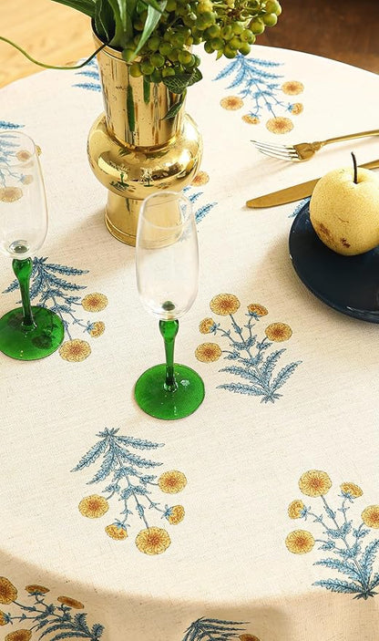 ISAENNE Designer French Pale Yellow Round Tablecloth,Linen Floral Table Cloth,Wrinkle Resistant Decor Tablecloths for Dining Thanksgiving Banquet Kitchen Party,Diameter 67"-Estevan A