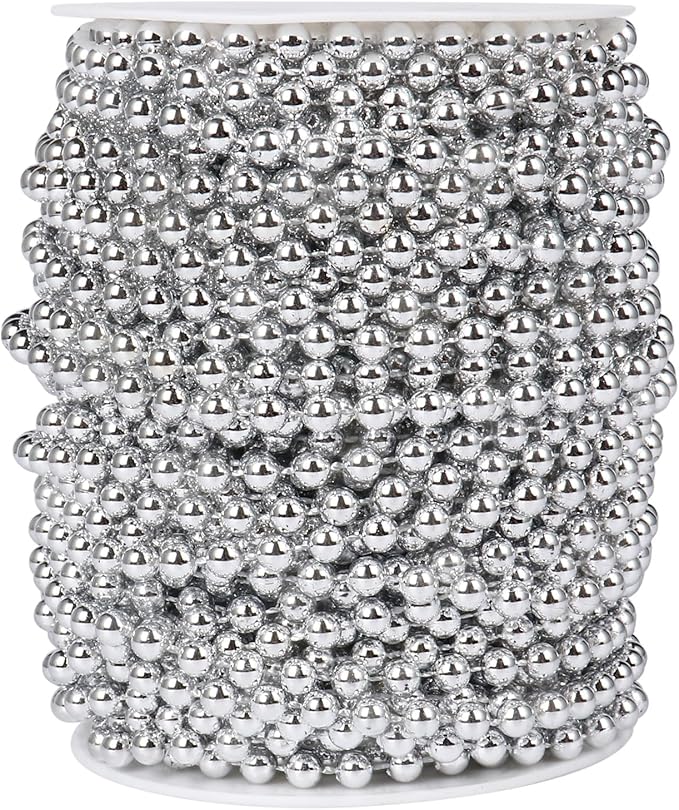 [98 Feet] Silver Pearl Beads Garland, 6MM 33 Yards Silver Faux Pearl Beads String Roll Bulk for DIY Craft Christmas Tree Wedding Party Decoration