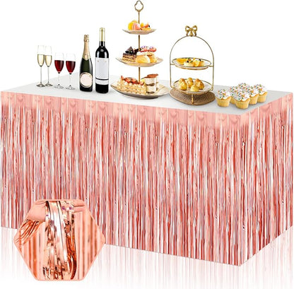 3 Pack 29x108 Inch Rose Gold Foil Fringe Table Skirts Metallic Banner for Tinsel Streamer Garland Backdrop for Parade Floats Wedding Thanksgiving Birthday Christmas Halloween Party Decoration