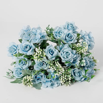 Artificial Flower 5 Branches Artificial Silk Fake Flowers Bouquet Small Roses for Wedding Home Office Tables Decor 2 Packs(Light Blue)