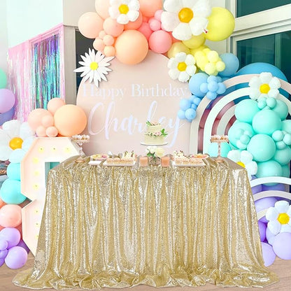 QueenDream Light Gold Party Decorations Sequin Tablecloth: Glitter Overlay 90x90 Inch Table Drapes for Banquet Wedding Theme Party Planners