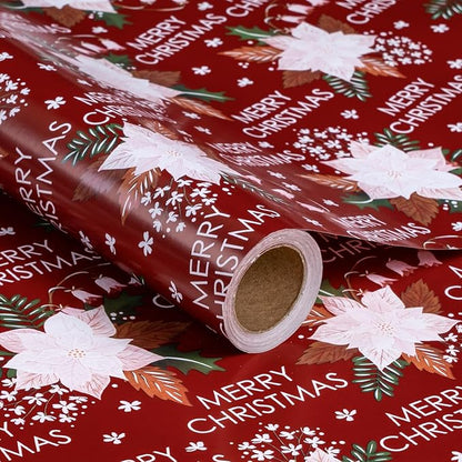 LeZakaa Christmas Wrapping Paper Roll - Red Flower & Merry Christmas Letter Pattern for Holiday, Party - 17 inches x 32.8 Feet (46.45 sq.ft.)