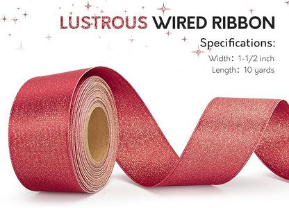 Christmas Ribbon Wired Red Satin Ribbons 1-1/2 Inch Double-Faced Gold Glitter for Tree Decoration, Wreath, Gift Wrapping, Home Decor 10 Yards