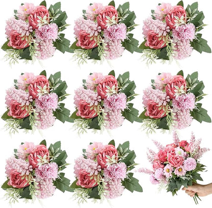 Zeyune 8 Pcs Wedding Silk Flowers Fake Silk Flowers Faux Bouquet Hydrangea Bouquets for Wedding Birthday Party Table Centerpieces Home Decoration (Bean Paste Pink,Rose)