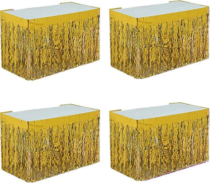 4P Wavy Metallic Tinsel Foil Fringe Table Skirts for Rectangle Tables Backdrop Garland Curtains for Parade Floats Wedding Birthday Parties Decoration Graduation 2025 Christmas (Gold)