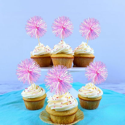 Ephlyn 30Pcs Foil Firework Cupcake Toppers Party Birthday Cake Toppers Supplies Sparkle Tinsel Cocktail Fruit Toothpick for Birthday Wedding Graduation Party Rose Red