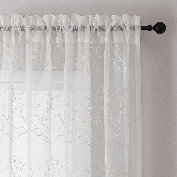 VISIONTEX Sheer Curtains 95 inch Length 2 Panels Set, Decorative Beige Coral Embroidery, Rod Pocket Embroidered Window Drapes for Living Room and Bedroom, 54" x 95"