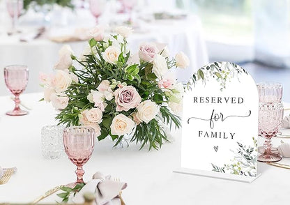 Greenery Reserved for Family Sign, 6 x 8 Inch White Arch Acrylic Wedding Sign with Holder, Wedding Sign for Ceremony and Reception, Wedding Decoration, Wedding Supplies - LY19