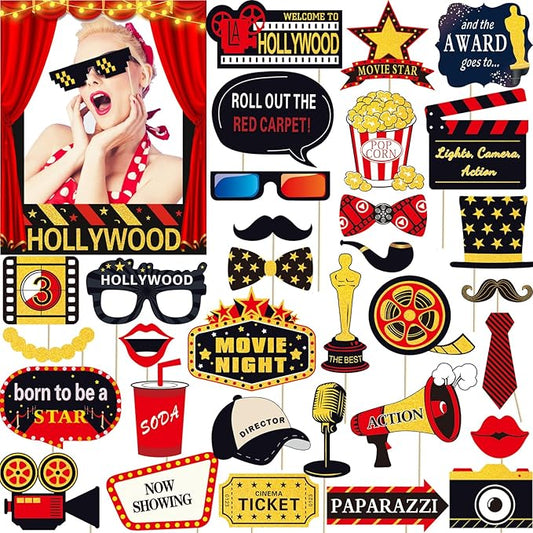 34pcs Hollywood Themed Movie Night Party Photo Booth Props, Hollywood Selfie Frame with Party Photo Props, Red Carpet Cutouts Cards Table Toppers Theme Decor Movie Night Party Supplies