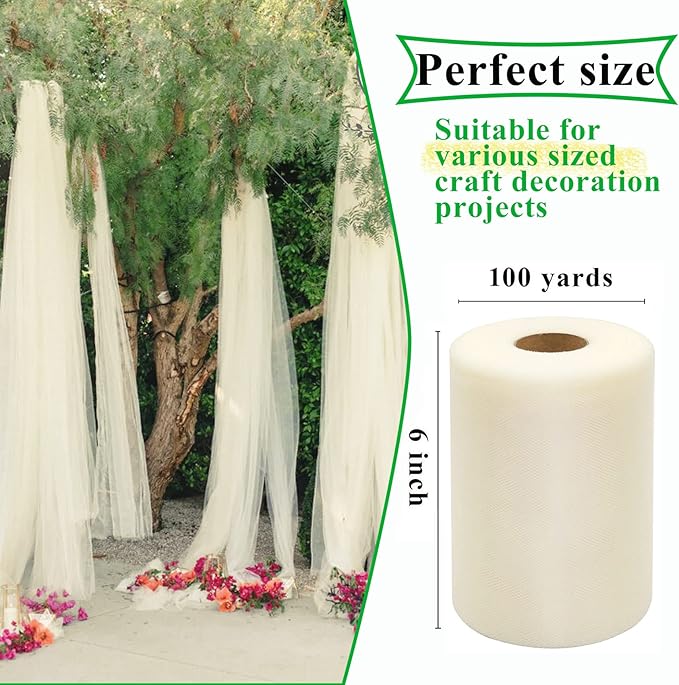 Ivory Tulle Fabric Rolls 6 Inch by 100 Yards (300 feet) Fabric Spool Tulle Ribbon for DIY Ivory Tutu Bow Baby Shower Birthday Party Wedding Decorations Christmas Craft Supplies