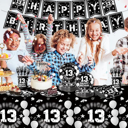 123pcs 13th Party Decorations,13th Silver Black Birthday Banner,Flags,Paper,cups,Straws,Forks,Cake Toppers,Dessert plates,Tablecloths and dinner plates,Officially a Teenager 13th Birthday Supplies