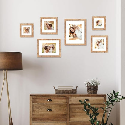 8x8 Picture Frame Set of 4 with HD Glass, Display 6x6 Pictures with Mat or 8 x 8 Without Mat, Square Wood Photo Frame for Wall Mount and Tabletop Display