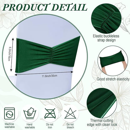 Moukeren 100 Pcs Spandex Chair Sashes Bows Bands Slider Sashes for Chair Covers Elastic Bands Ties Ribbon Decorations for Wedding Party Events Ceremony Birthday Banquet (Dark Green)